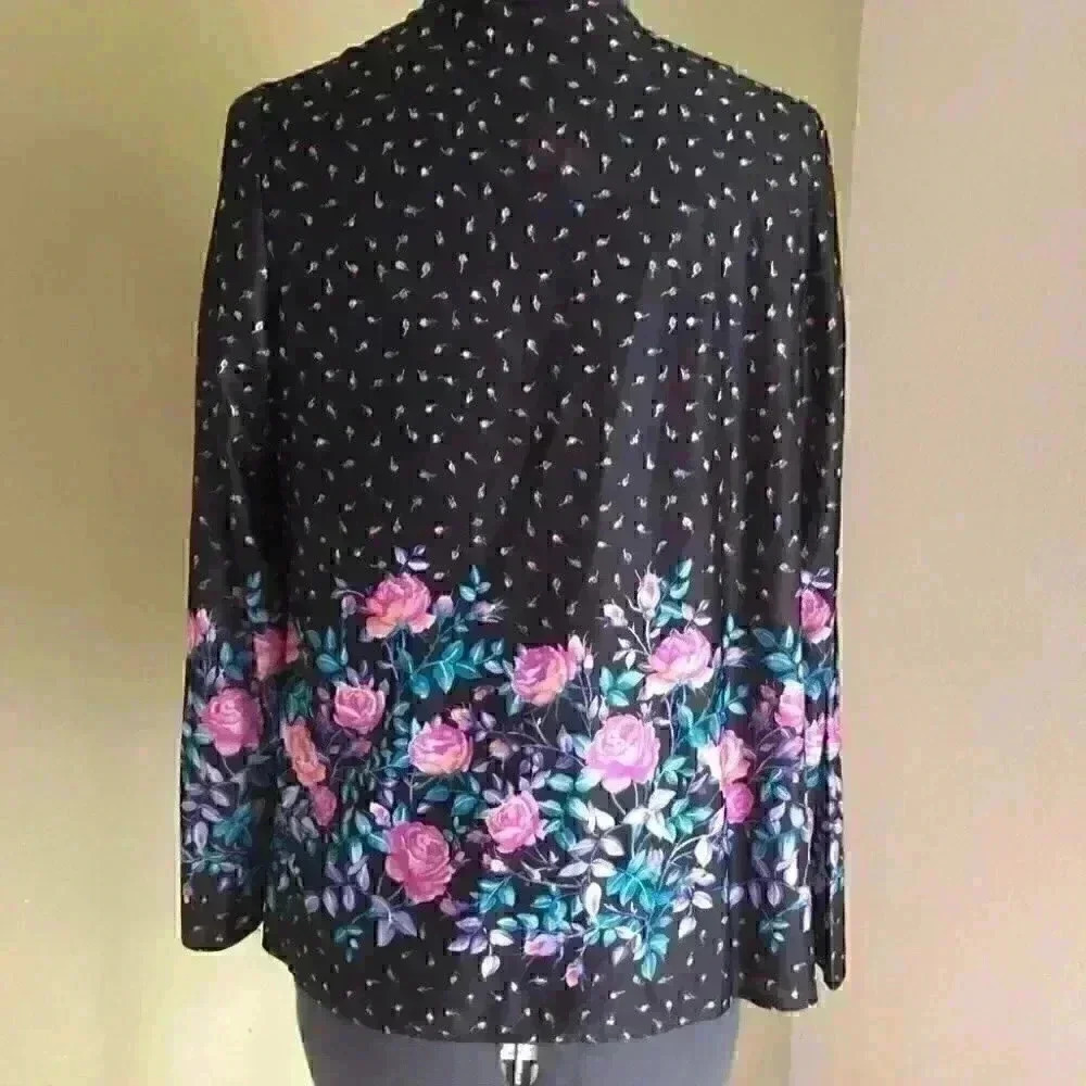 vtg 90s black nylon roses flowers design buttonless shrug long sleeve medium - Picture 3 of 7